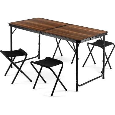 Imagem de Mesa Dobrável Alumínio 120x60 + 4 Bancos ORNNAMENT Camping Portátil Vira Maleta