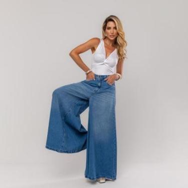 Imagem de Calça Jeans Maxi Wide Leg Moda Tendência Europa Pantalona-Feminino