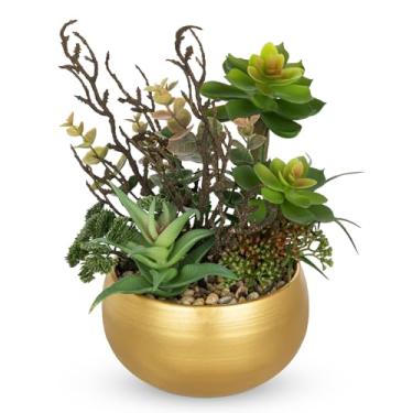 Imagem de DILATATA Plantas suculentas artificiais em vaso dourado, arranjo falso de suculentas, vasos de plantas falsas com seixos para decoração de mesa de escritório em casa