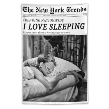 Imagem de Arte de parede de jornal vintage preto e branco I Love Sleeping Tapeçaria retrô New York Times Feminista Magazine tapeçaria de parede para casa quarto dormitório bar carrinho decoração de parede 100 x