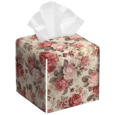 Imagem de Pacote com 2 caixas de lenços vintage rosas rosas quadradas, florais, de couro PU, organizador de papel facial à prova d'água, dispensador para banheiro, cozinha, casa, escritório, carro