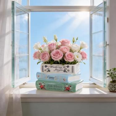 Imagem de Vaso decorativo em forma de livro - pequeno vaso de cerâmica para flores, suculentas | Decoração de mesa e estante para amantes de plantas, amantes de livros, entusiastas de decoração de casa