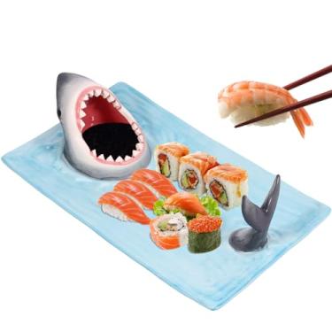 Imagem de Prato de jantar em forma de tubarão, prato de sushi de porcelana 32,9 × 19 × 9 cm, prato de comida de cerâmica com suporte de molho de soja, bandejas artísticas de servir para sushi, sashimi, outros