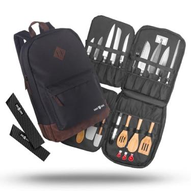 Imagem de Mochila de couro de faca de chef | Bolsos de cozinha premium | Mais de 30 bolsos para facas e utensílios de cozinha | Bolsos grandes para tablets e notebooks | Ótimo presente para chefs executivos e estudantes de culinária (preto)