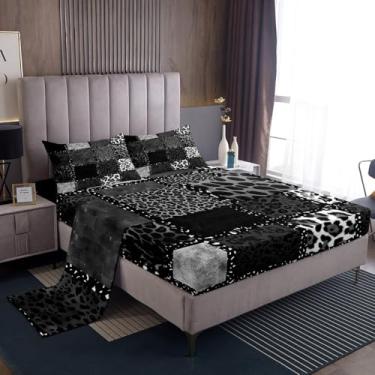 Imagem de Erosebridal Jogo de lençol Queen com estampa de leopardo cinza, para crianças, adolescentes e adultos, com textura de pele de animal, lençol geométrico de patchwork, lençol de cima com elástico e 2
