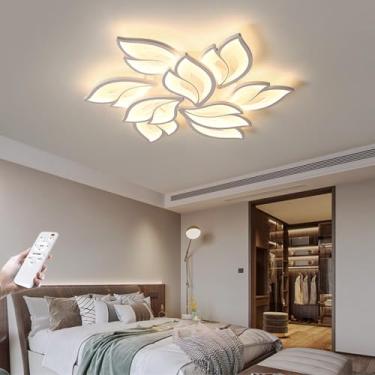 Imagem de Luminária de teto LED moderna e regulável, com controle remoto para sala de estar, design floral com mudança de brilho e cor, cúpula de acrílico branca para mesa de jantar e quarto (Tamanho: