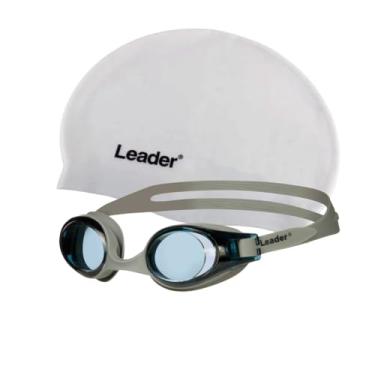 Imagem de Leader Kit Natação Shark com Óculos e Touca de Silicone, Cinza, Lentes Antiembaçantes, Proteção UV