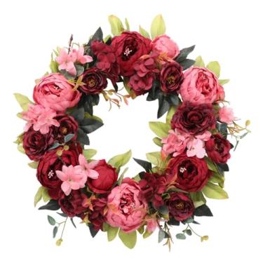 Imagem de KiBcsLic Guirlanda de peônias artificiais, para porta de entrada, presentes, festas, ambientes internos, 45 cm de diâmetro, arranjo de flores para, Vermelho
