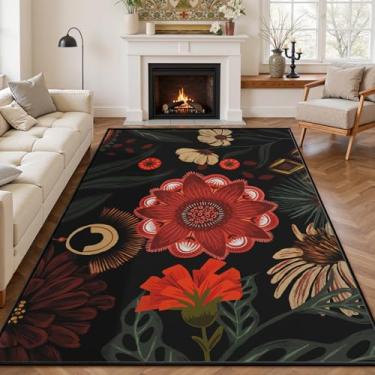 Imagem de Tyrot Tapete vintage preto vermelho boho botânico para sala de estar 1,5 x 2,1 m