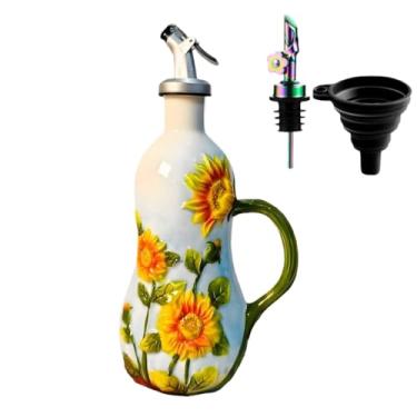 Imagem de Dispensador de garrafa de azeite de oliva de cerâmica pintada à mão de 510 g, com alça decorativa de azeite de oliva, para cozinha, garrafa de vinagre de óleo de cerâmica, garrafa de tempero com bico