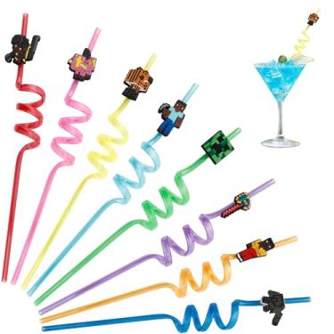 Imagem de 8 peças de canudos reutilizáveis para festas, lembrancinhas de festa de aventura em bloco de pixels, canudos reutilizáveis para decorações de festa de aniversário, suprimentos de festa festiva