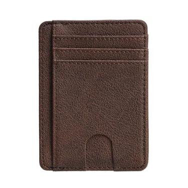 Imagem de Carteira de couro PU fina minimalista com bolso frontal com bloqueio de RFID para homens e mulheres, porta-cartões compacto e fino, Marrom, Carteira RFID minimalista com bolso frontal