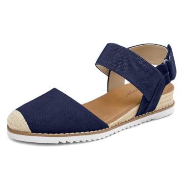 Imagem de mysoft Sandálias femininas de salto baixo confortáveis com bico fechado, alpargatas sem cadarço, tira elástica no tornozelo, sandálias de caminhada, Azul marino, 8.5 Wide