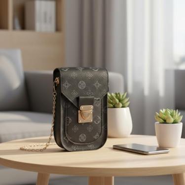 Imagem de Bolsa tiracolo feminina para celular - Mini bolsa de telefone com alça transversal, bolsa de ombro estampada para eventos de deslocamento e ocasiões sociais, Preto