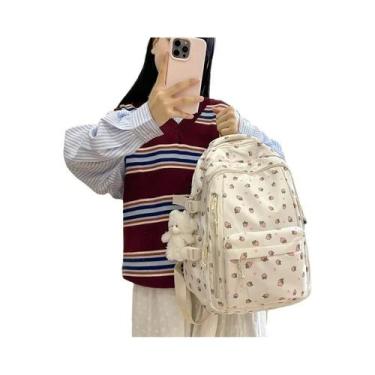 Imagem de Mochila Floral Branca De Nylon Para Adolescentes, Bolsa Escolar Bonita
