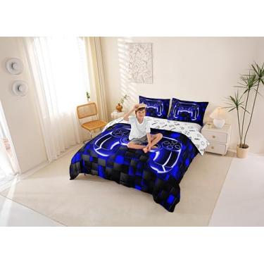 Imagem de Manfei Conjunto de capa de edredom Gamepad, tamanho casal, console de jogos de mineiros, jogo de cama infantil, decoração de quarto xadrez geométrico de videogame, capa de colcha azul preta, 2 fronhas