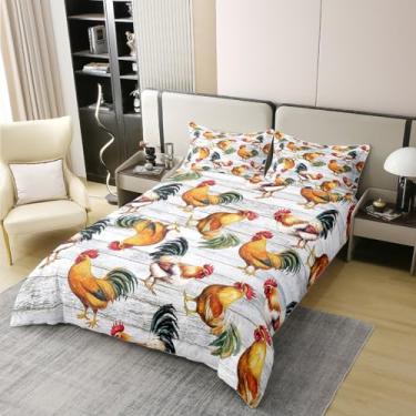 Imagem de Jogo de cama de galo rural para meninas, meninos, crianças, tamanho Queen, capa de edredom para quarto, decoração de aves, 100% algodão, animais de fazenda, 2 peças, roupa de cama, respirável, macia