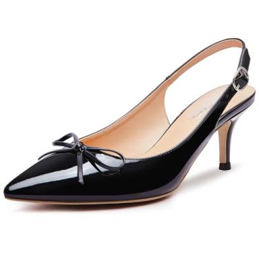 Imagem de rsxses Salto gatinho feminino bico fino com laço confortável salto baixo vestido de casamento sapatos de bico fechado, Preto, 37