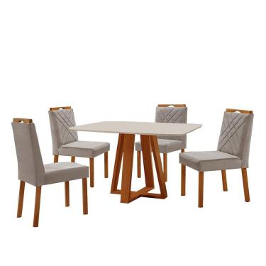 Imagem de Conjunto Sala De Jantar Mesa Floripa 120x80cm Off White Com 4 Cadeiras Dallas Veludo Cinza