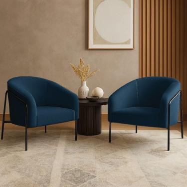 Imagem de Poltrona Sala Industrial Alta Preto Kit 2 Stella Bouclê D03 - D'rossi Cor Azul