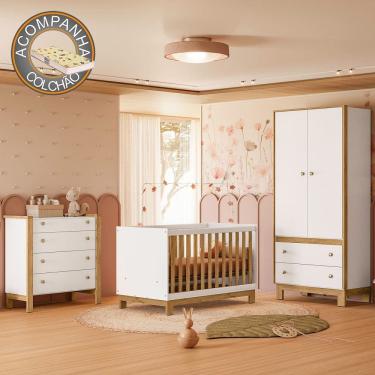 Imagem de Quarto de Bebê Completo com Berço Slim Cômoda e Roupeiro Flora Branco Freijó Qmovi + Colchão Gazin