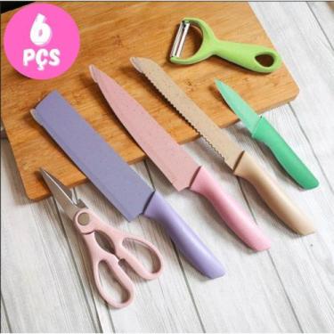 Imagem de Jogo De Facas Coloridas 6 Peças Aço Inox Faqueiro Colorido Churrasco C