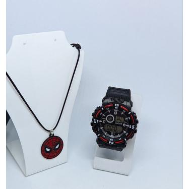 Imagem de Kit Relógio Infantil Masculino Digital Esportivo Militar LED Alarme Cronômetro + Colar cordão Homem aranha ajustável