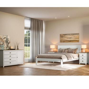 Imagem de Conjunto Quarto Topázio Branco: Cama Queen, Cômoda Sapateira e 2 Mesas de Cabeceiras Madeira Pinus