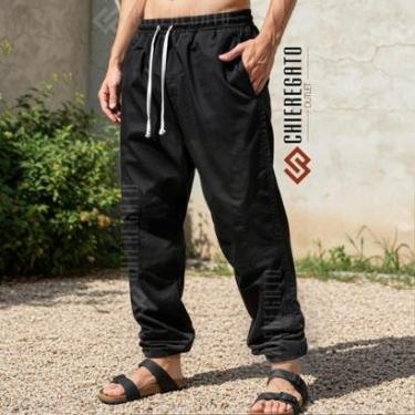 Imagem de Calça Baggy Masculina Alfaiataria Preta Linho Casual Reta-Masculino