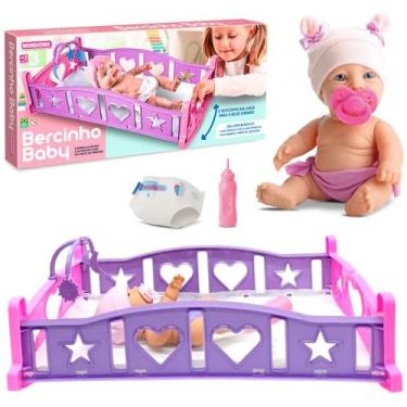 Imagem de Boneca Bebê que Faz Xixi 23cm com Berço de Balanço Infantil Mamadeira 