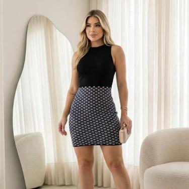 Imagem de Vestido Curto Tricot Decote Tiras Estampado Cor:AzulTamanho:U - Vitrin