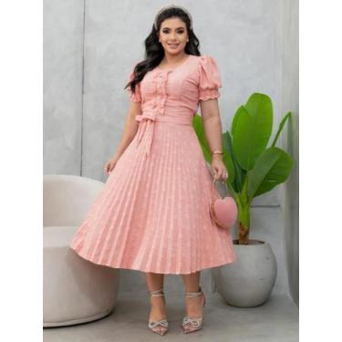 Imagem de Vestido Midi Elegante Plissado Manga Princesa com Babado e Botão Brilh