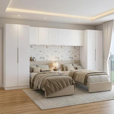 Imagem de Quarto Infantil Com 2 Guarda-roupas Neo 3 Aéreos 1 Mesa De Cabeceira Branco Madesa Branco