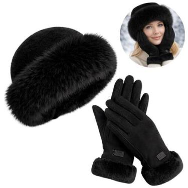 Imagem de Kit Inverno Feminino Gorro Térmico e Luvas Touchscreen com Pelinho (1 