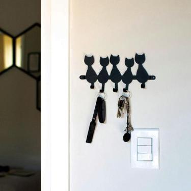 Imagem de Porta Chaves e Porta Coleiras Gato Preto Organizador de Parede para Ch