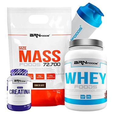Imagem de Kit Hipercalórico Size Mass 3kg Chocolate + Whey Foods 900g Chocolate + Creatine 100g + Coqueteleira 600ml – BRNFOODS
