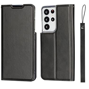 Imagem de Capa carteira para Samsung Galaxy S21/S21 Plus/S21 Ultra, capa magnética flip de couro com alça de pulso e compartimento para cartão com proteção de TPU absorvente de choque, preta, S21 de 6,2 polegadas