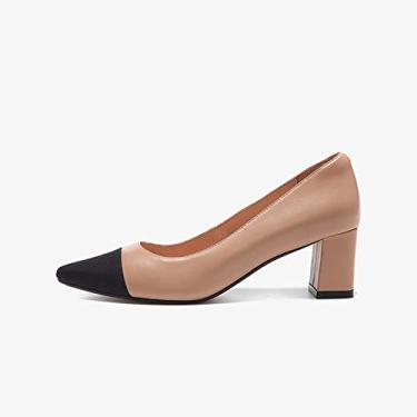 Imagem de Sapatos de trabalho femininos de salto alto, bico fino feminino, sapatos de salto bloco sapatos de festa vestido salto baixo, bege, 36