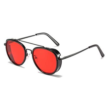 Imagem de Óculos de sol redondos de metal steampunk feminino moda masculina de luxo para dirigir óculos de sol espelho uv400 zonnebril dames óculos, c5 preto vermelho, china