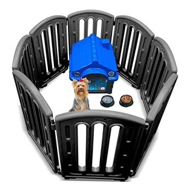 Imagem de Kit Casa Colchão Cercadinho Comedouros Cachorro Gato N2 Mec Cor:preto e Azul