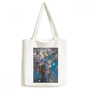 Imagem de Bolsa de lona com pintura a óleo XJJ com flores azuis bolsa de compras casual bolsa de mão