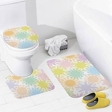Imagem de Conjunto de tapetes de banheiro 3 peças de tapete de banheiro colorido geométrico lavável tapete antiderrapante tapete de contorno e tampa para banheiro