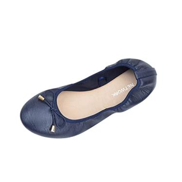 Imagem de Sandálias de salto bloco para mulheres sapatos femininos sapatos de trabalho preguiçosos sapatos pontiagudos planos simples casuais femininos escarpim feminino (azul-marinho, 7)