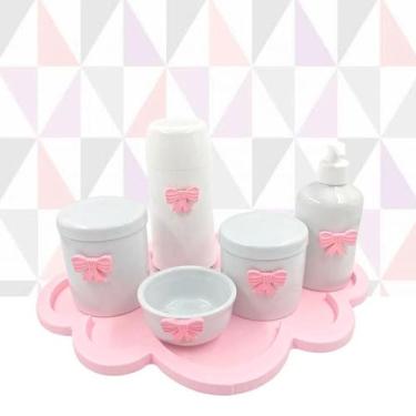 Imagem de Kit Higiene Porcelana Nuvem Rosa Tema Lacinho Garrafa 6Pçs - Tg Decor