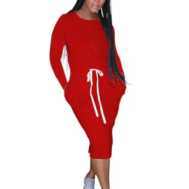 Imagem de UIFLQXX Vestido clássico simples casual cor sólida manga longa cintura vestido com fenda na coxa casual bolsos soltos vestido longo, Vermelho, M