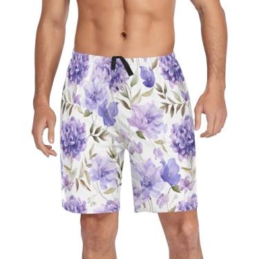 Imagem de CHIFIGNO Calça de pijama masculina, calça de pijama masculina leve, calça de pijama masculina com bolsos e cordão, Flores violetas de folhas verdes, XXG