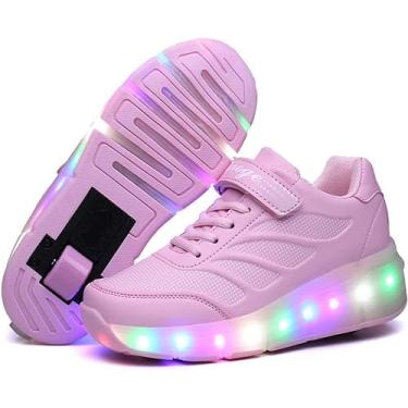 Imagem de Sapatos de rolo infantil tênis com luz LED 7 cores mudando sapatos de fitness LED tênis de roda única esportes ao ar livre rodas retráteis sapatos piscantes, rosa, 1 Reino Unido