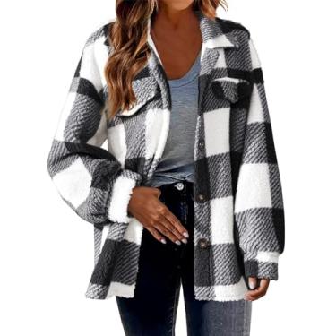 Imagem de Casaco feminino xadrez felpudo casual lapela manga longa botão casaco feminino inverno quente grosso aconchegante jaqueta de lã sherpa, 01#preto, M
