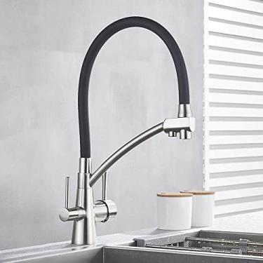 Imagem de Torneira da pia da cozinha torneira do filtro de água pura misturador guindaste dupla alças purificação cozinha quente e fria, mangueira preta escovada
