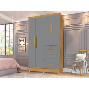 Imagem de Roupeiro/Guarda Roupas/Armário TOK 1.20m 4 Portas Puxadores Cromados 3 Gavetas sendo 1 com Chave Cor Nature/Cinza